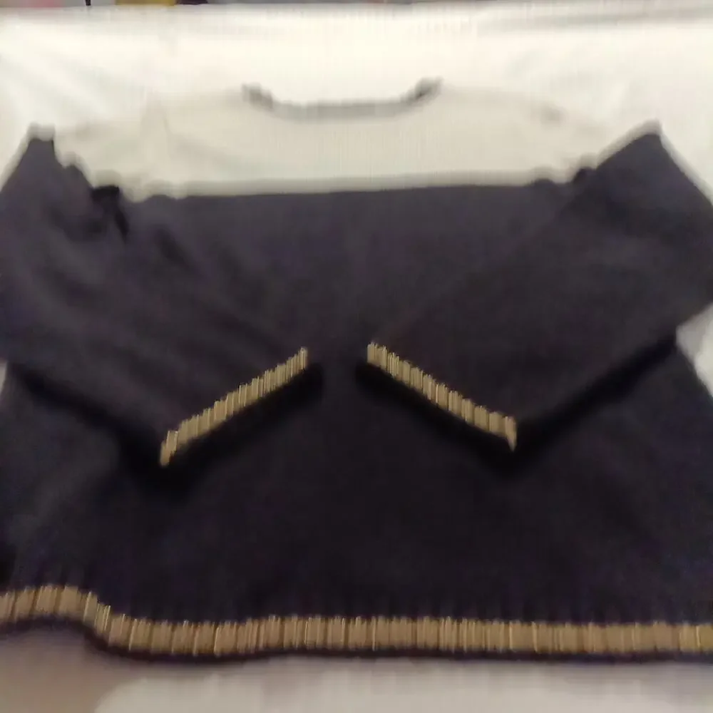 Petite Sophisticate Nautical Sweater Sz Lg Black And White Gold Trim Cotton